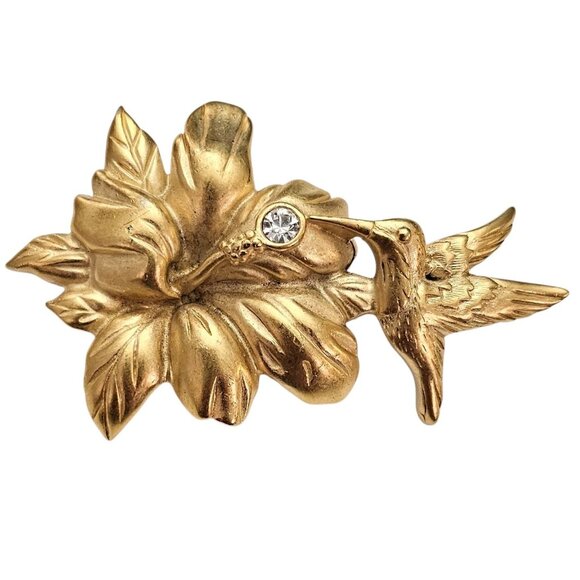 Monet Matte Gold Tone Hummingbird Flower Brooch Rhinestone Vintage Pin Signed,J1